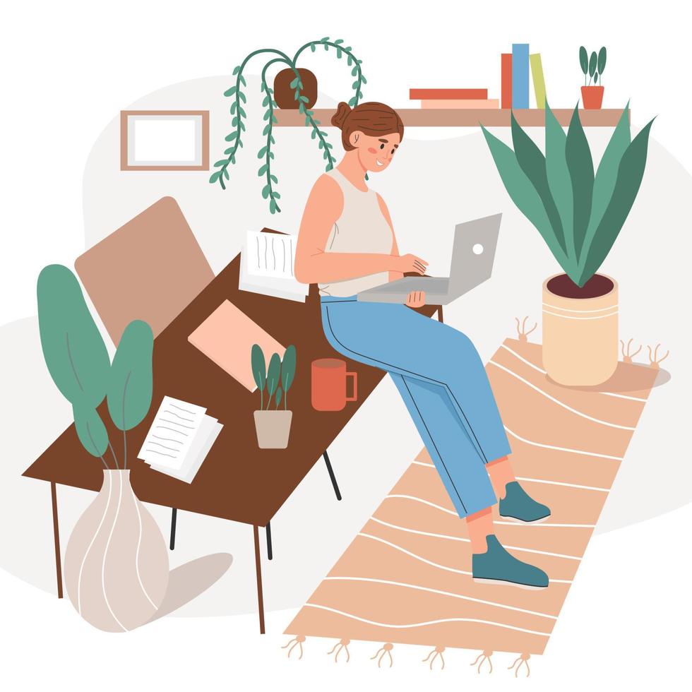 Happy woman is working online, leaning against a table with a laptop. The workplace of a female freelancer working from a home office, remotely .The concept of a home office, a woman working from home vector