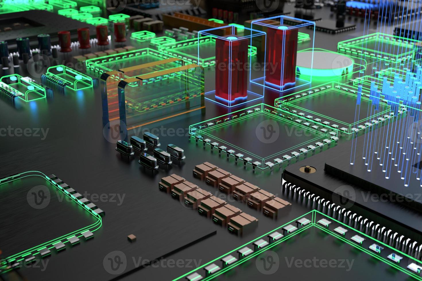 different types of computers and spare parts. 3D rendering on the subject of computing photo