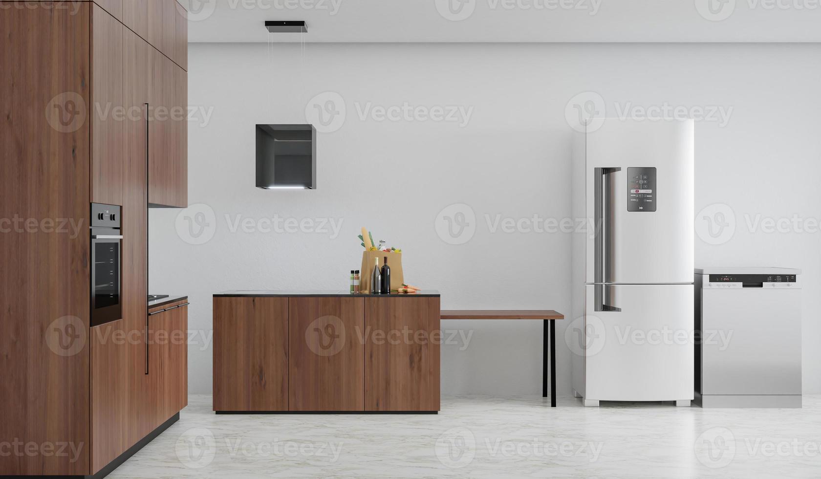 Kitchen room with a dinning table - wall. 3D rendering. photo