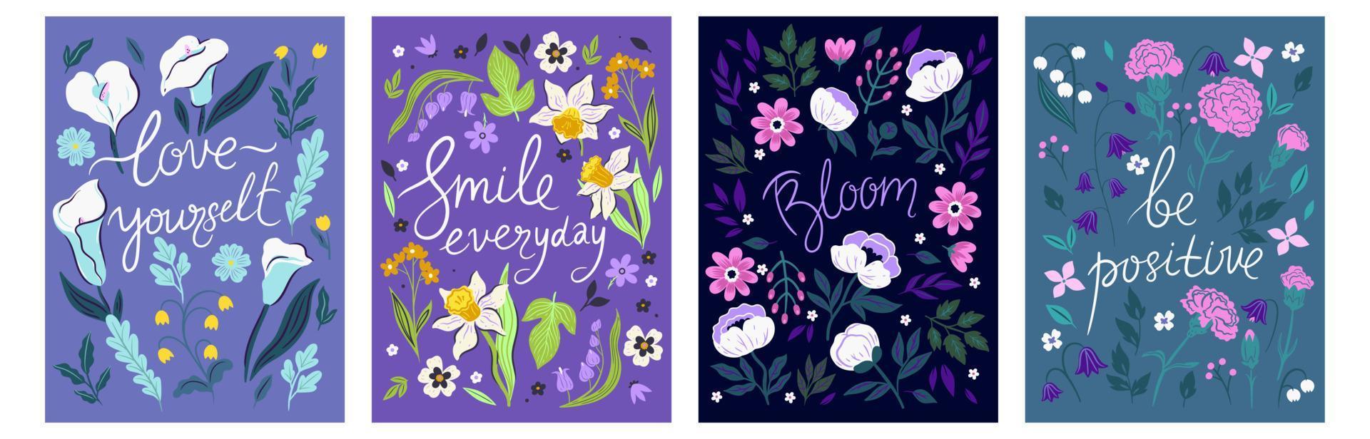 Collection of floral cards with inscriptions. Vector graphics.