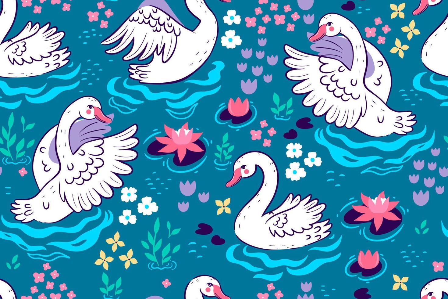 Seamless pattern with white swans on the pond. Vector graphics.