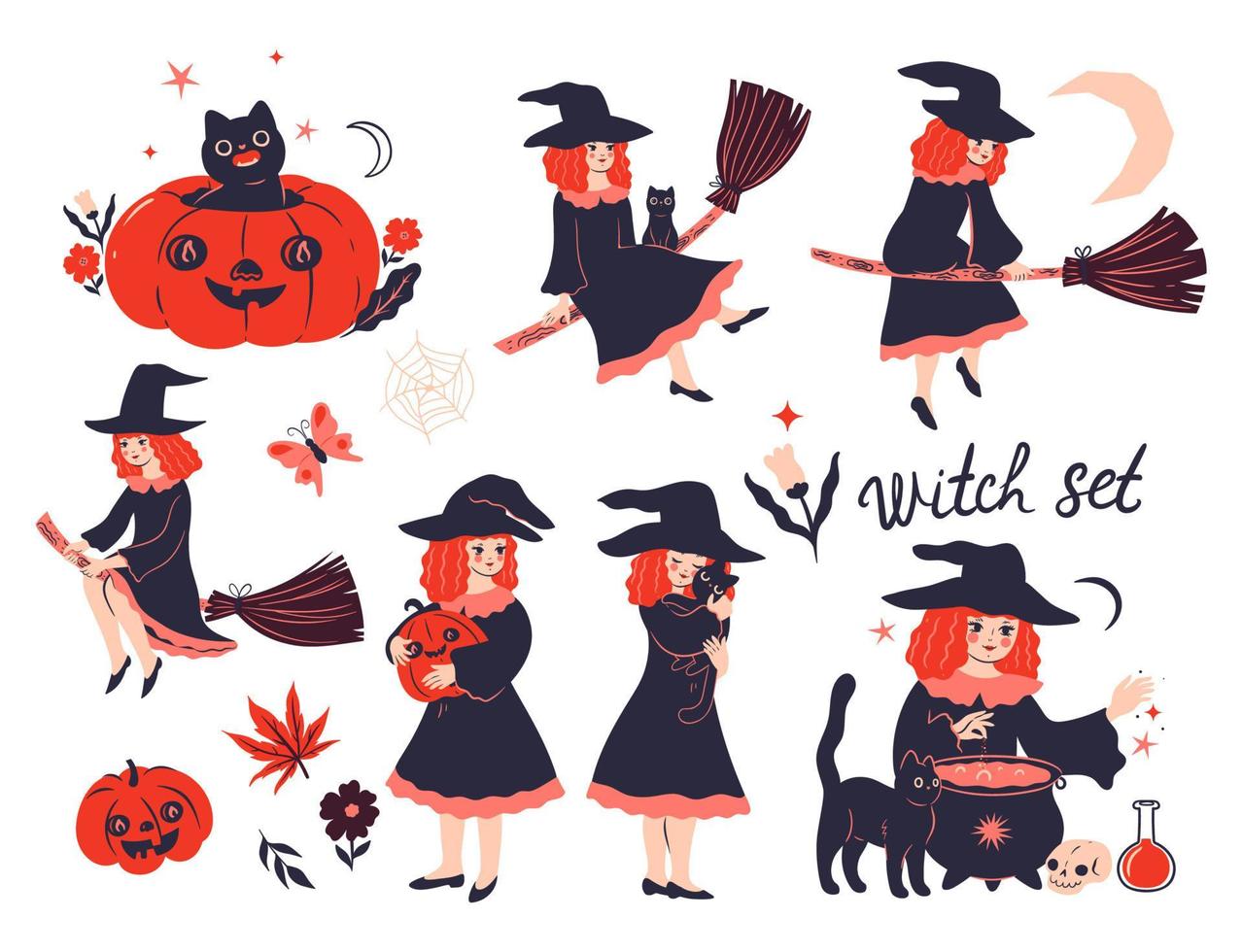 Set of cute witches isolated on white background. Vector graphics.