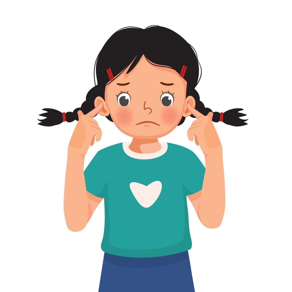 Cute little girl not listening plugging and covering her ears with fingers from noisy loud sound showing annoyed facial expression vector
