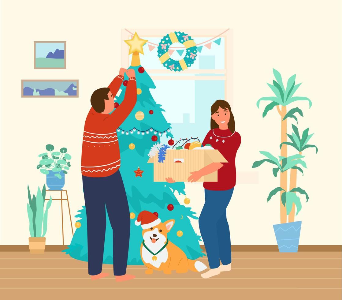 Couple With Gog Decorating Chritmas Tree At Home. Flat Vector Illustration.