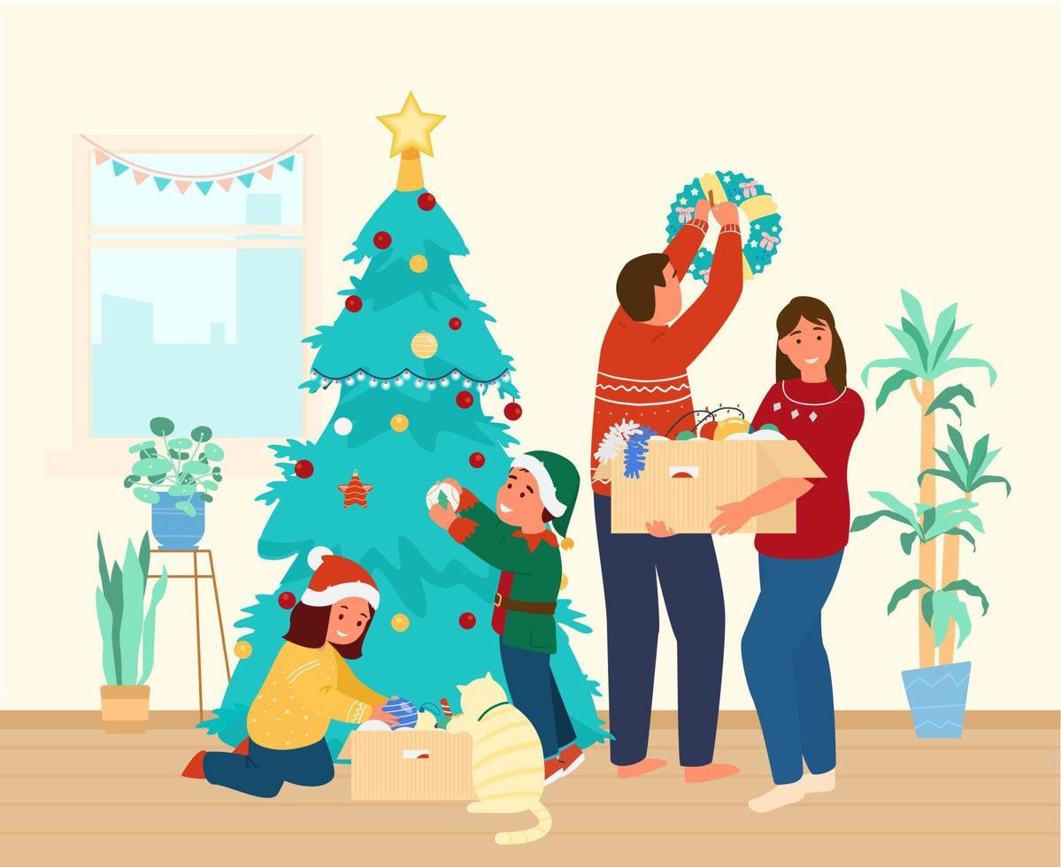 Family Decorating Christmas Three At Home. Father Hanging Christmas Wreath, Mother Holding Box With Toys And Garlands. Children With Cat Decorating Christmas tree. Flat Vector Ilustration.