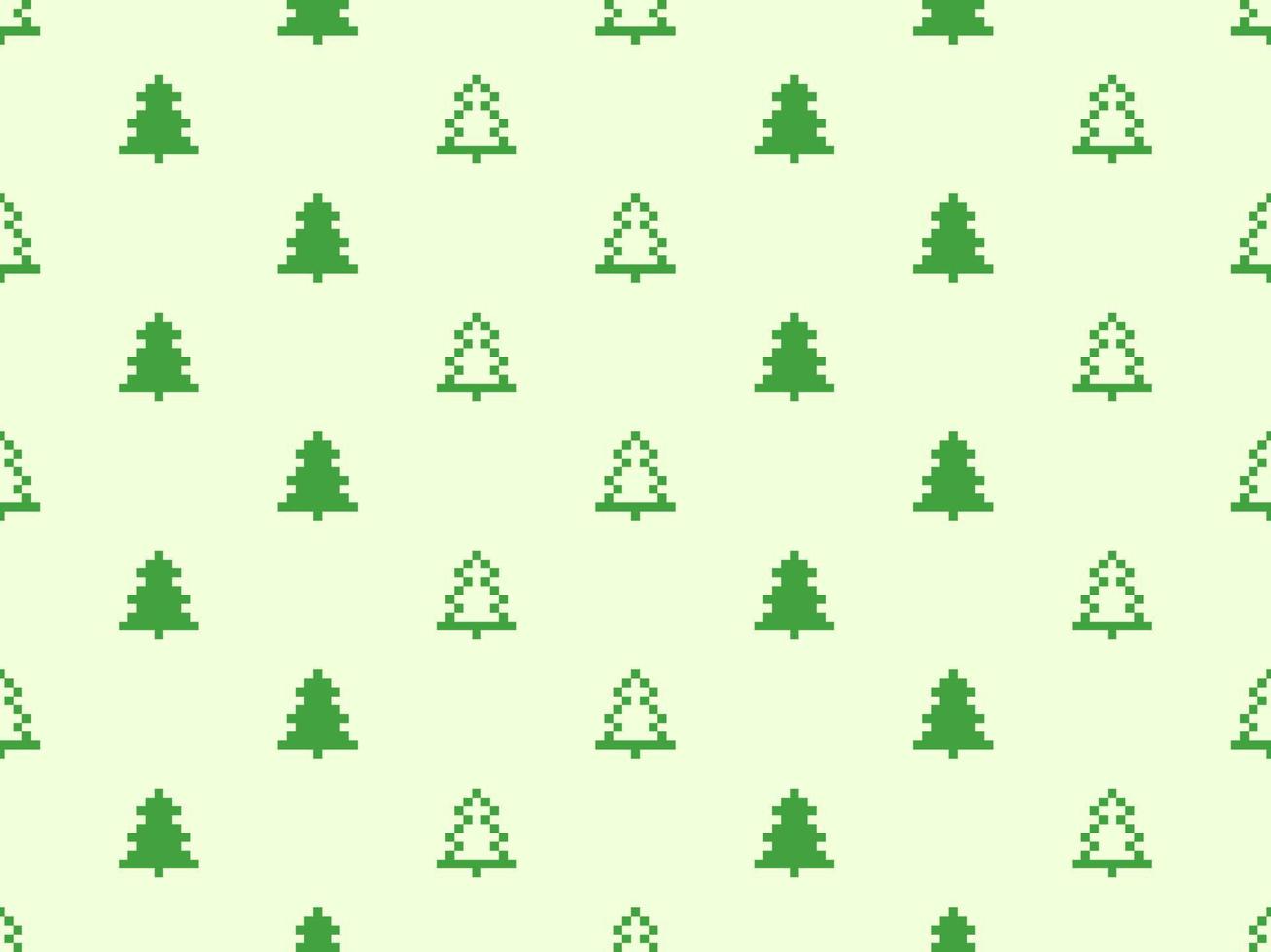 Tree cartoon character seamless pattern on green background. Pixel style vector