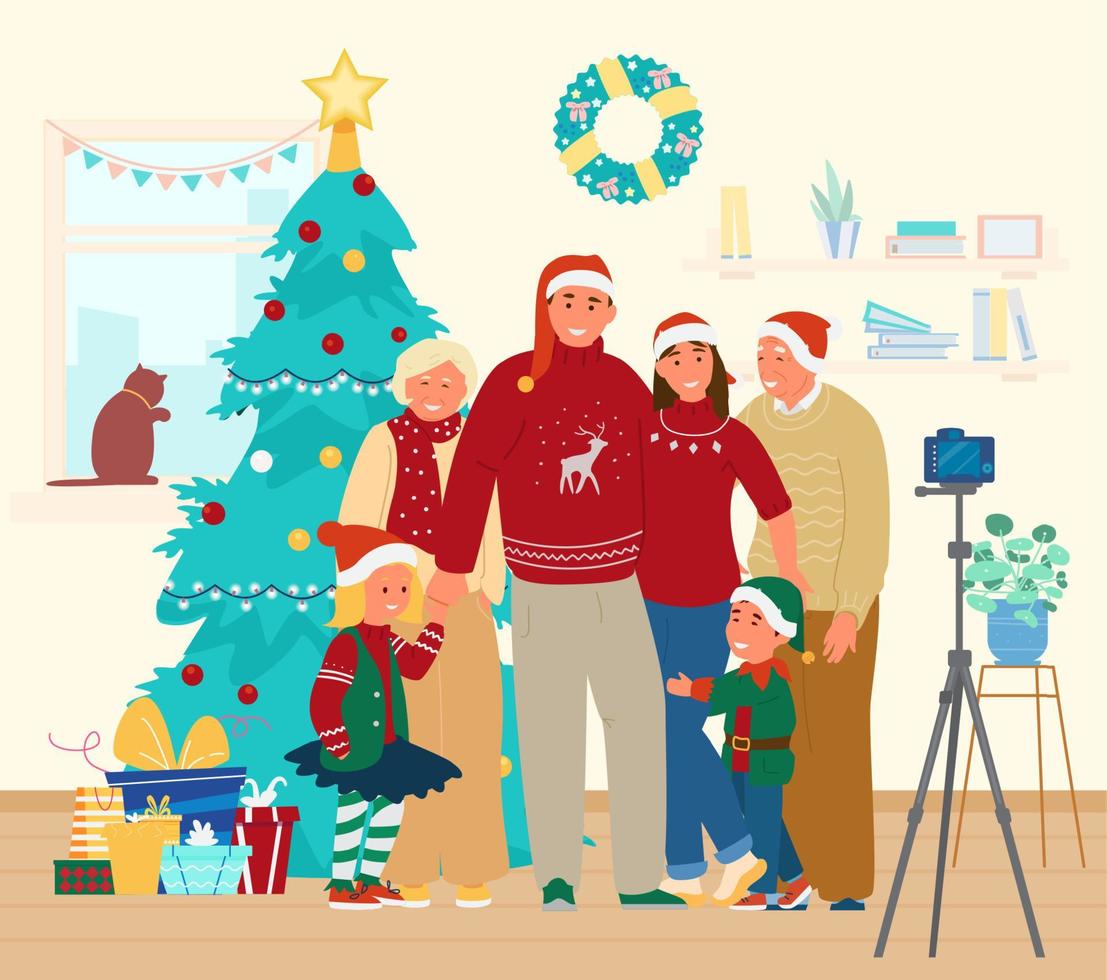 feliz familia de tres generaciones vestida de navidad haciendo una foto grupal cerca del árbol de navidad con cajas de regalos en casa. ilustración vectorial plana. vector