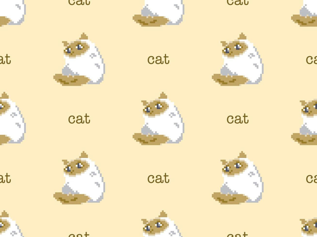 Cat cartoon character seamless pattern on yellow background. Pixel style vector