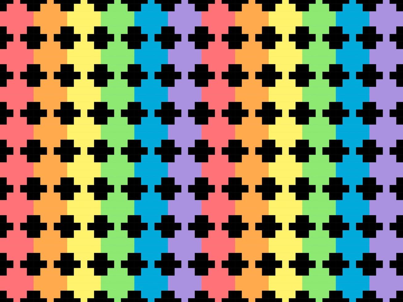 Geometric rainbow cartoon character seamless pattern on black background. Pixel style vector
