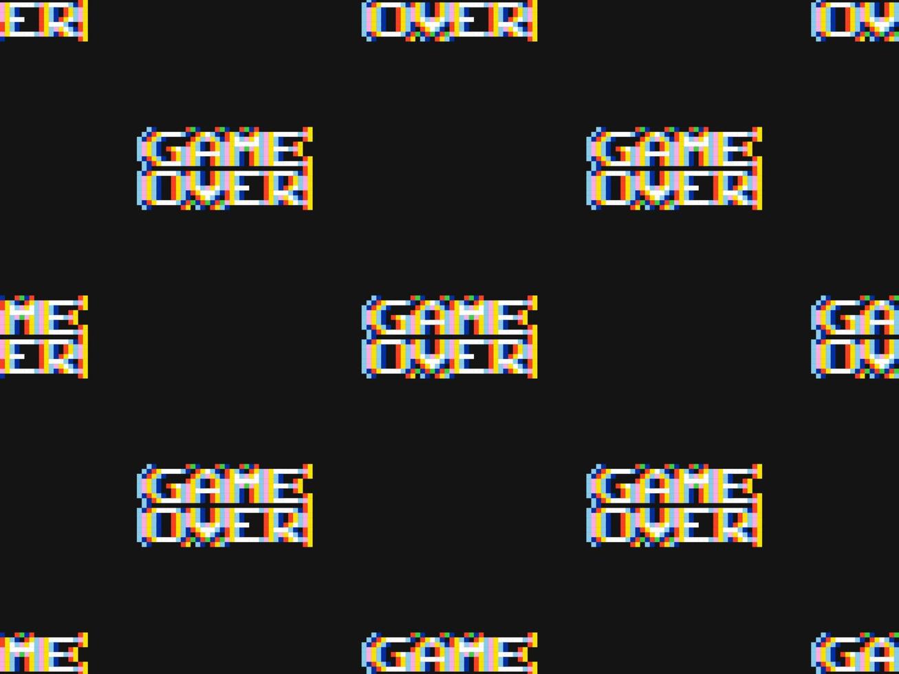 Word game over cartoon character seamless pattern on black background. Pixel style vector