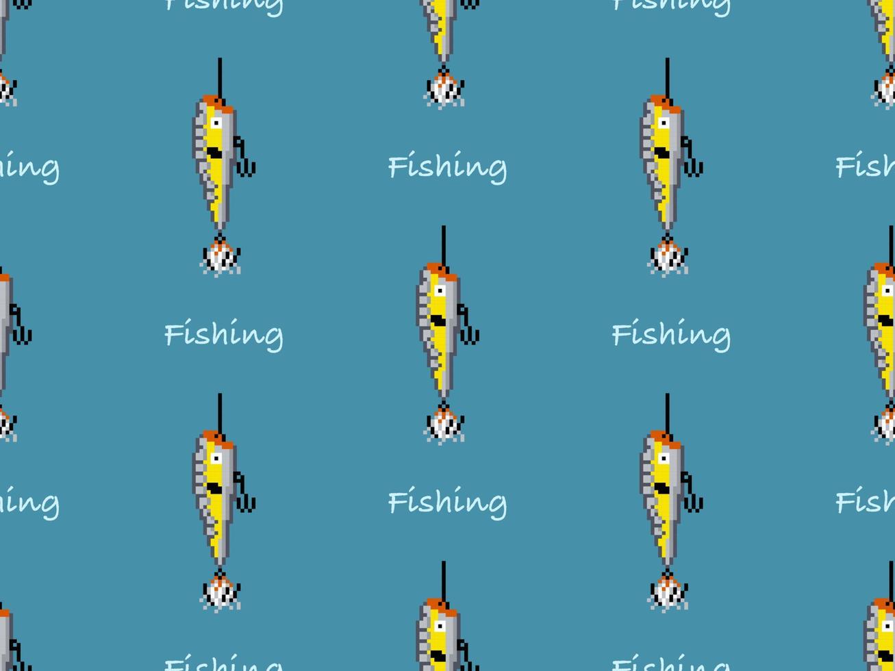Fishing cartoon character seamless pattern on blue background. Pixel style vector