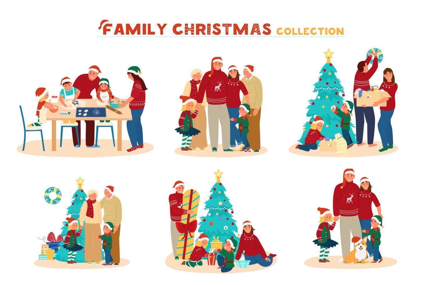 colección familiar de navidad vectorial. familia haciendo galletas de jengibre, abrazando, decorando árboles de navidad, abriendo regalos. familia de tres generaciones en traje de navidad. aislado en blanco vector