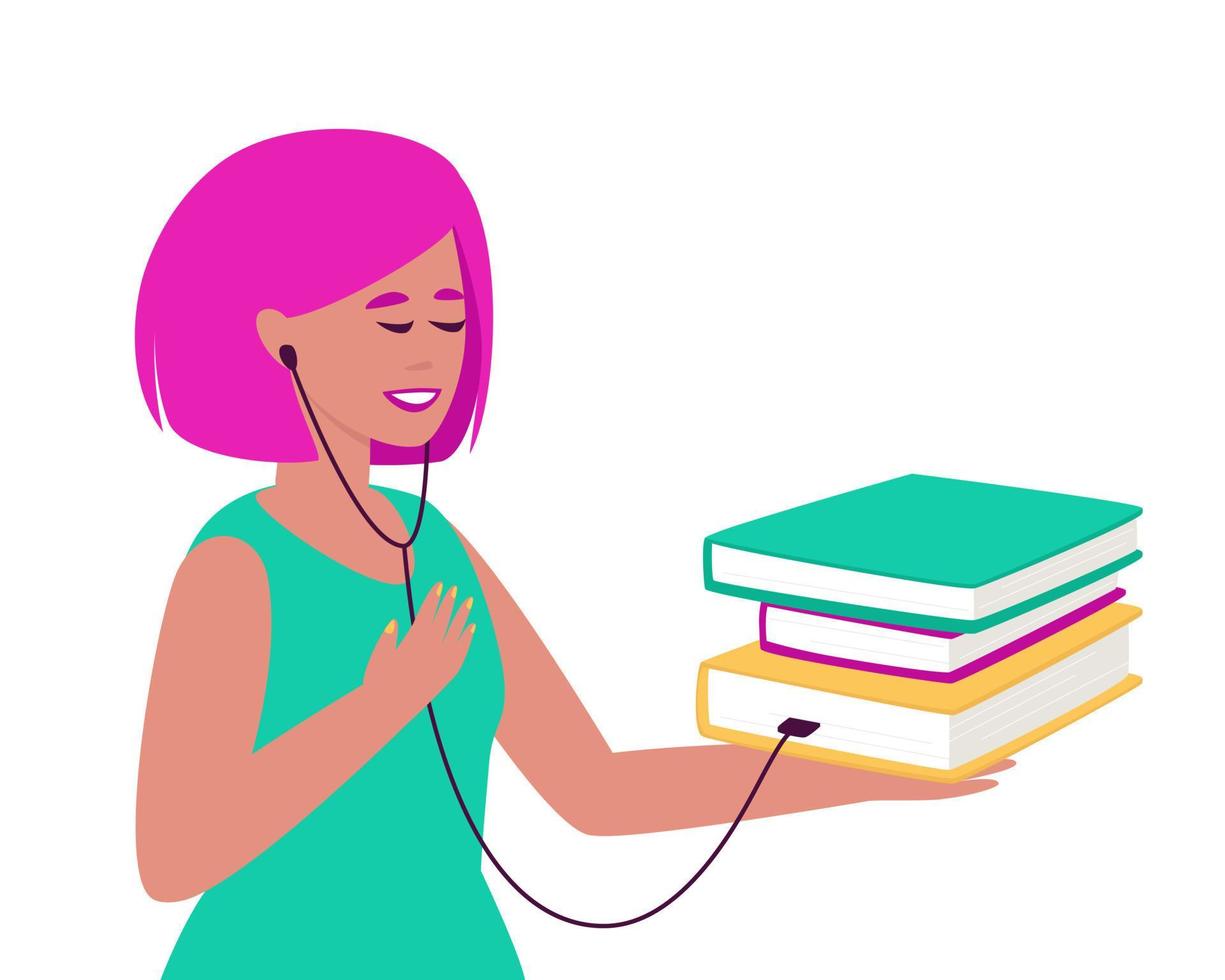 The girl listens to an audiobook with headphones vector