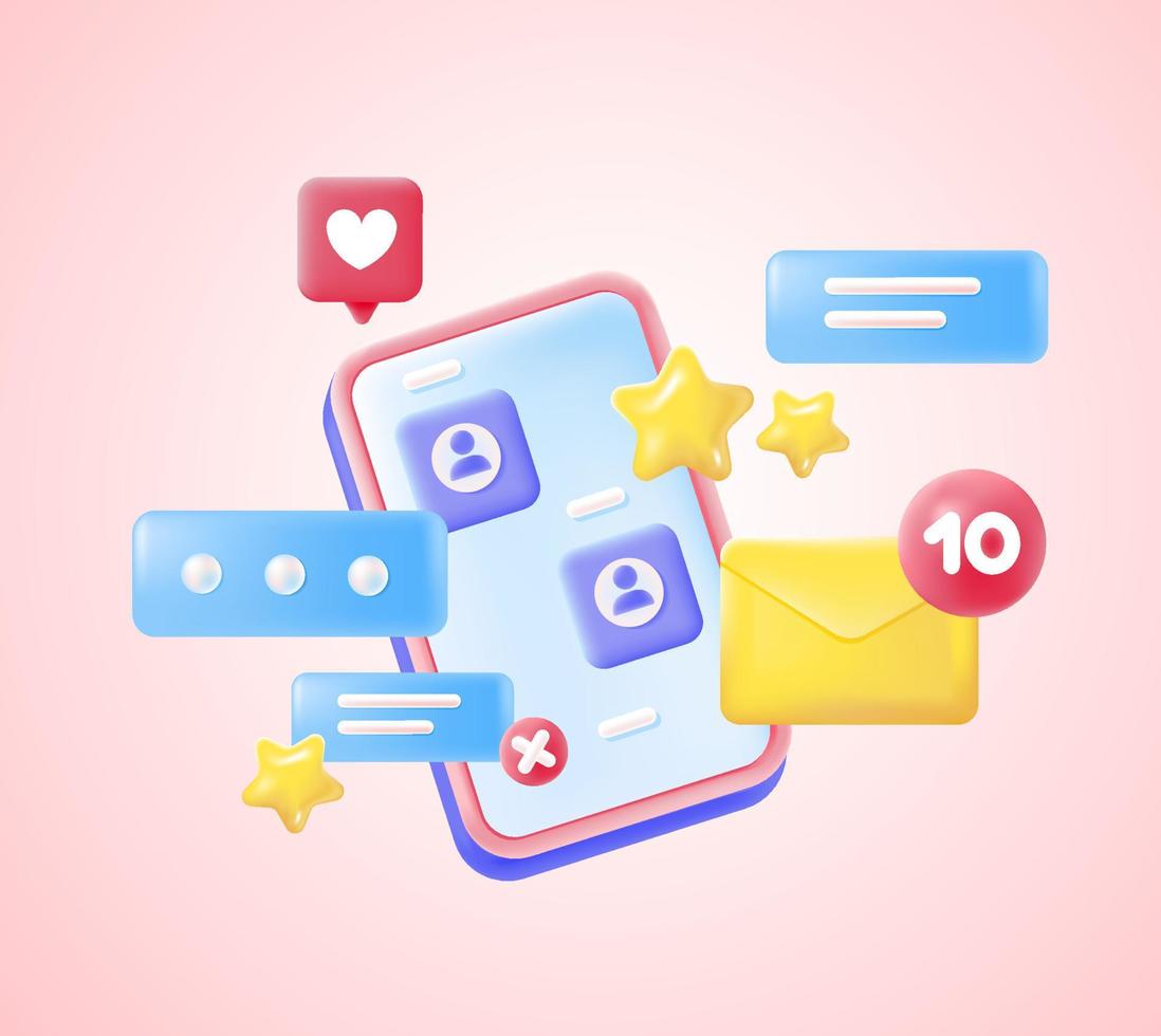 Teléfono 3d con messenger, diálogos abiertos y calificación con estrellas y me gusta. comunicación en línea en la aplicación en el teléfono. ilustración vectorial vector