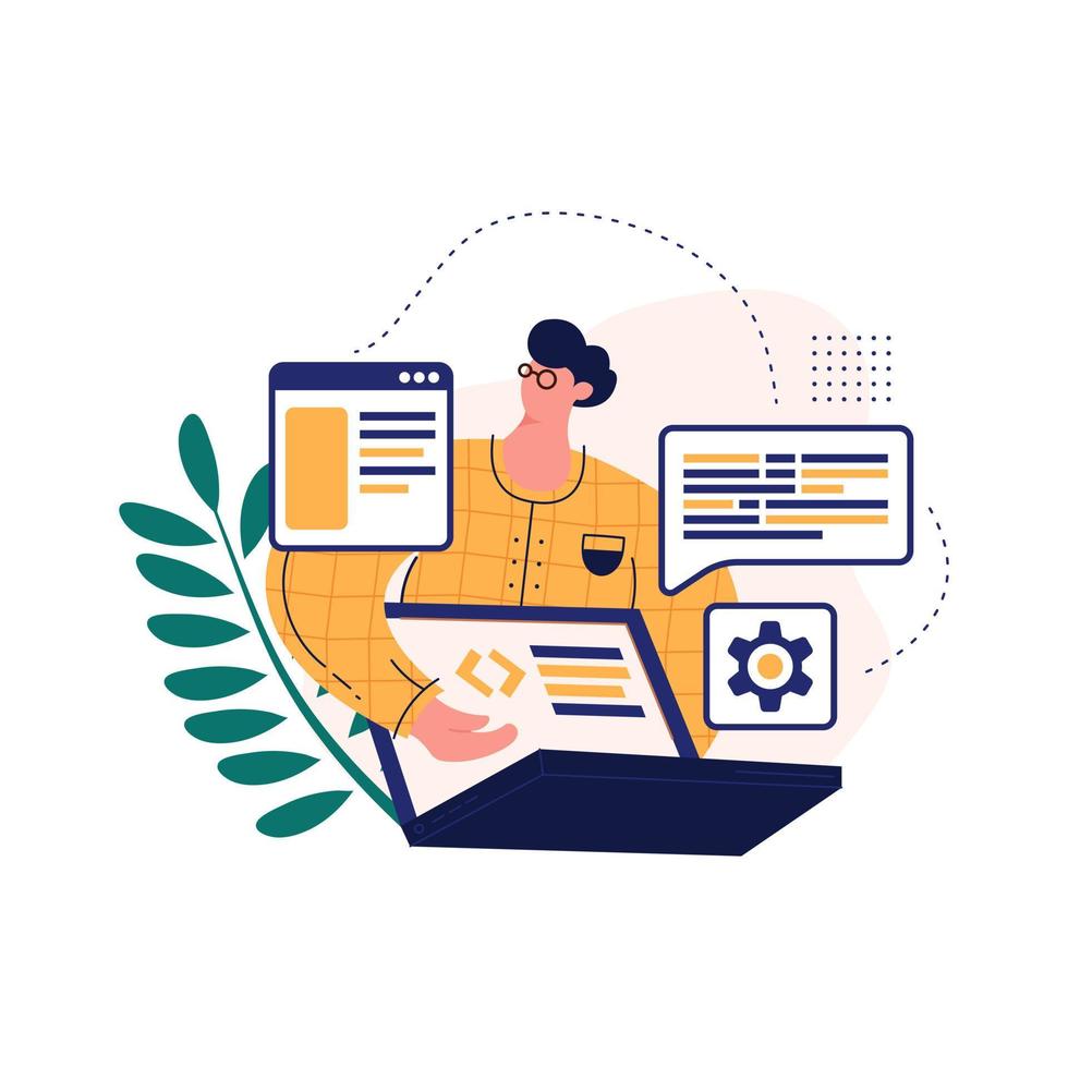 Programmer working on web development. Software engineering and coding. Vector illustration in flat design for web banner and mobile app