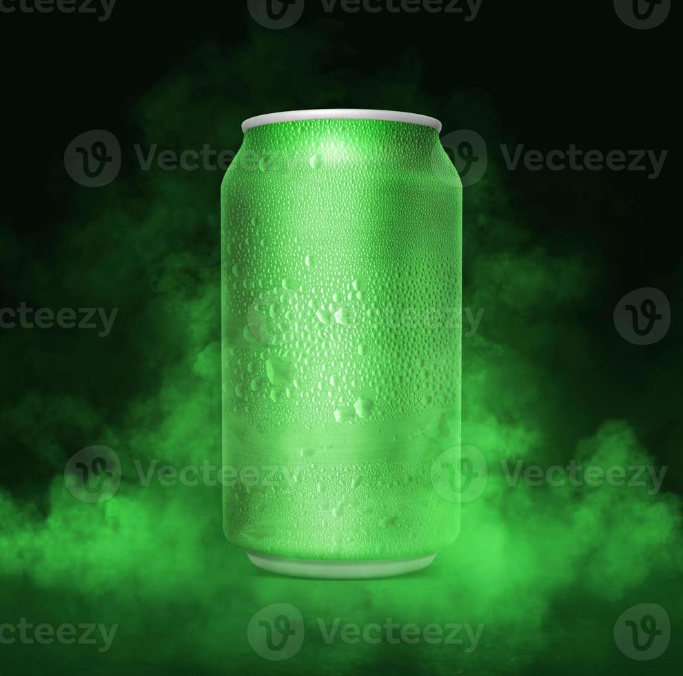 An unbranded freezing cold aluminum tin can with cold vapor an isolated dark studio background. 3D render photo