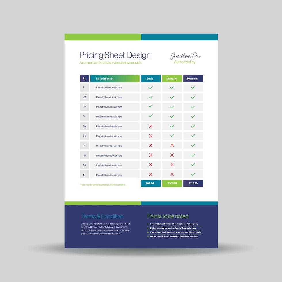 Pricing Sheet Design, Costing Flyer or Pricing table comparison, Invoice Design vector