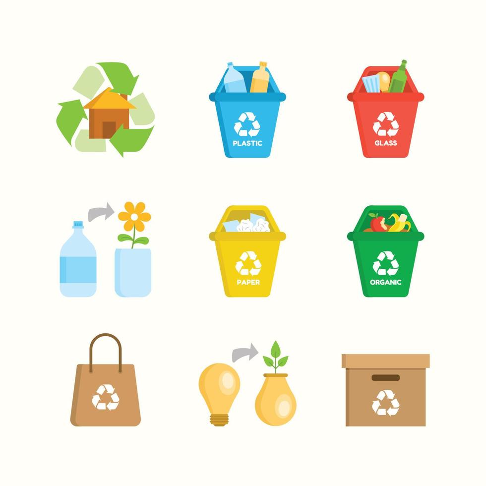 conjunto de iconos de elementos de reciclaje en el hogar vector