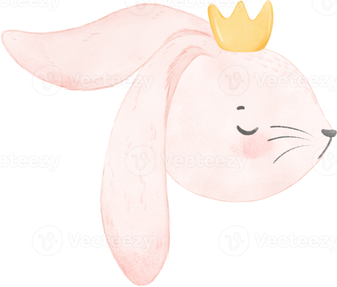 cute rabbit bunny face head wearing crown  watercolor png