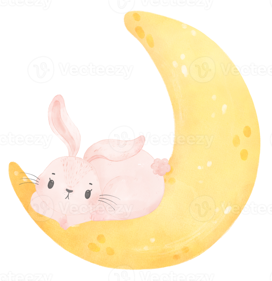 cute baby bunny rabbit on the crescent moon watercolor png