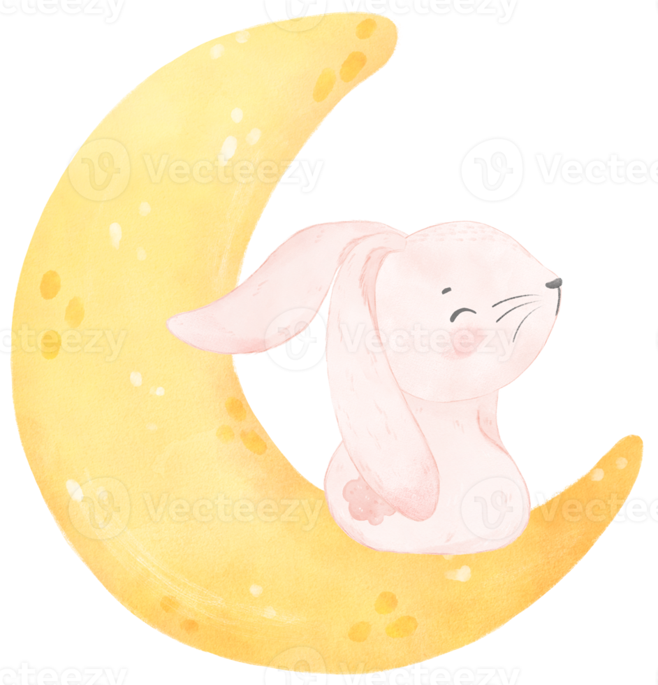 cute baby bunny rabbit on the crescent moon watercolor png