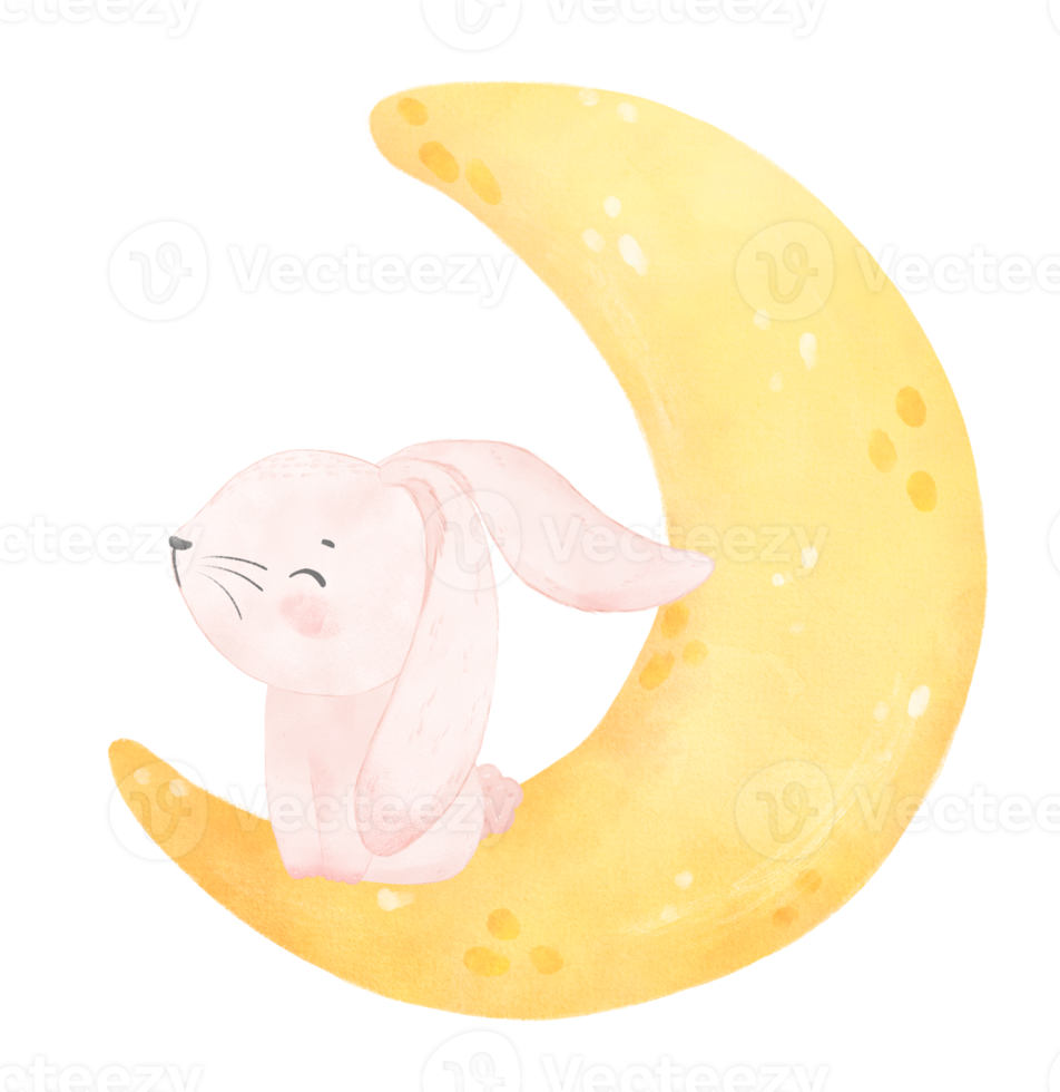 cute baby bunny rabbit on the crescent moon watercolor png