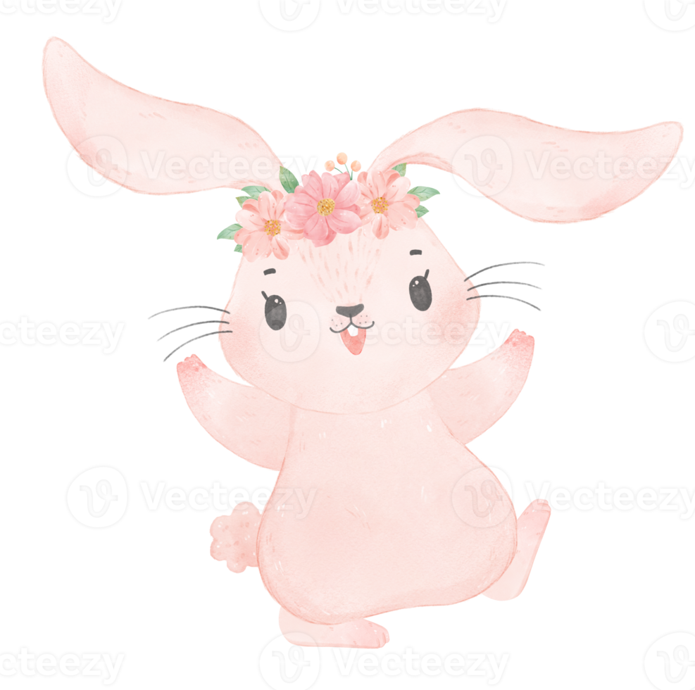 lindo dulce princesa bebé rosa conejito con corona floral acuarela png