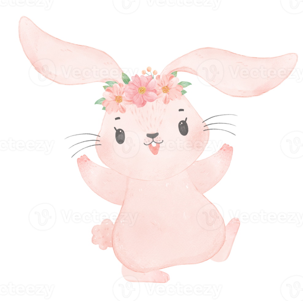 mignon bébé princesse douce lapin rose avec couronne florale aquarelle png