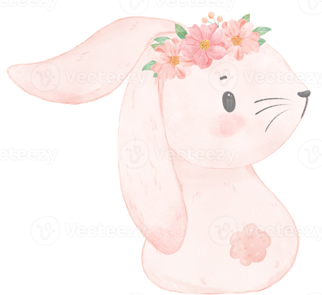 lindo dulce princesa bebé rosa conejito con corona floral acuarela png