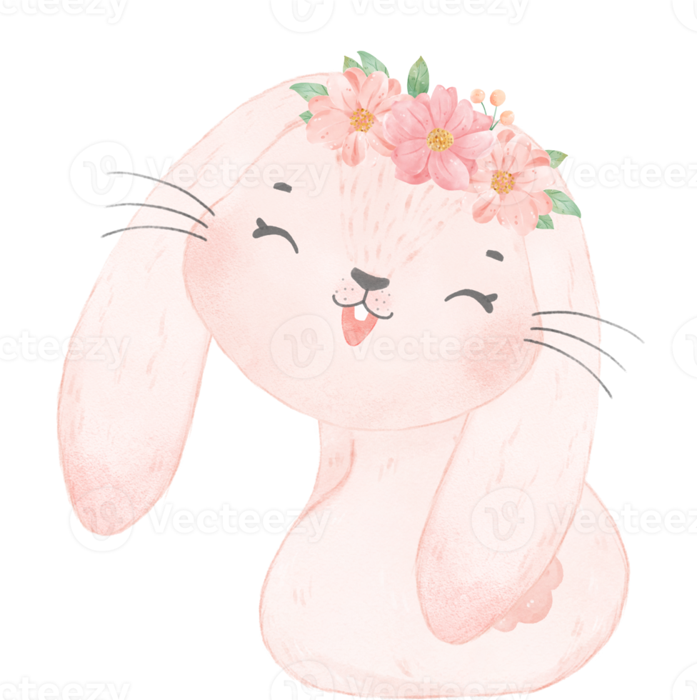 mignon bébé princesse douce lapin rose avec couronne florale aquarelle png