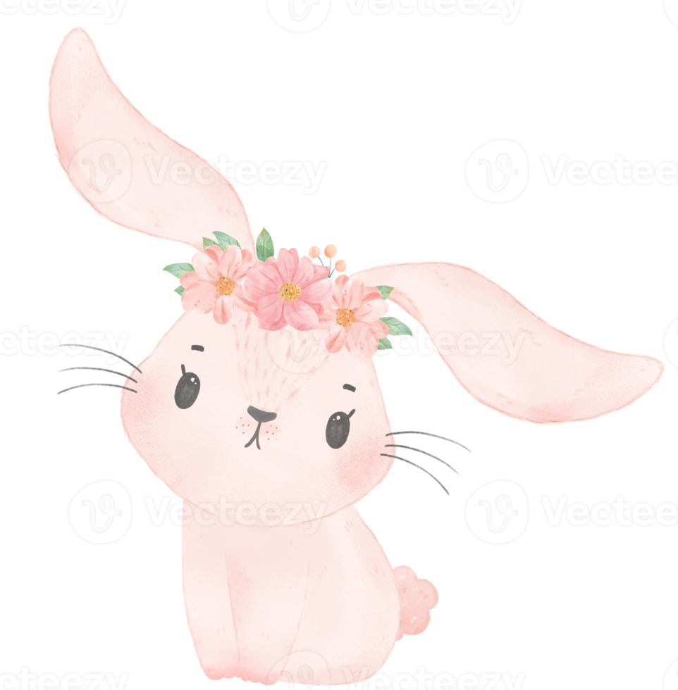 cute sweet princess baby pink bunny rabbit with floral crown watercolor png