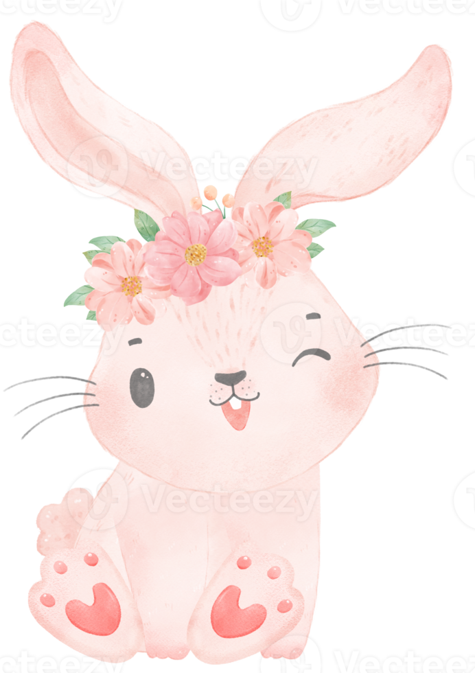 mignon bébé princesse douce lapin rose avec couronne florale aquarelle png