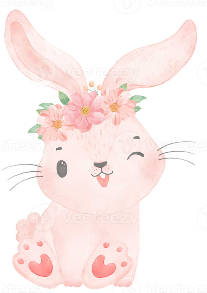 cute sweet princess baby pink bunny rabbit with floral crown watercolor png