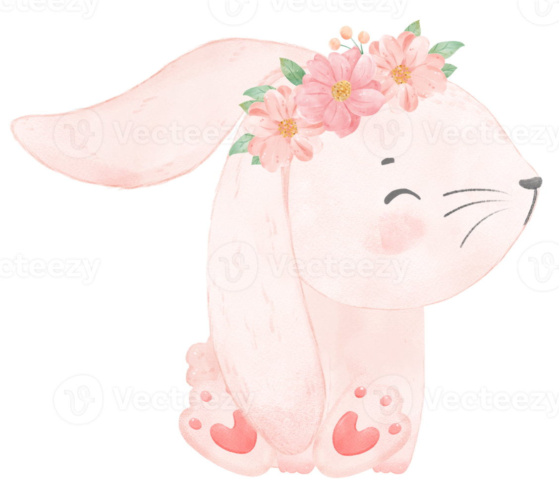 mignon bébé princesse douce lapin rose avec couronne florale aquarelle png