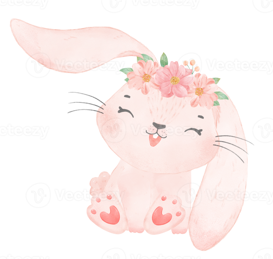 cute sweet princess baby pink bunny rabbit with floral crown watercolor png