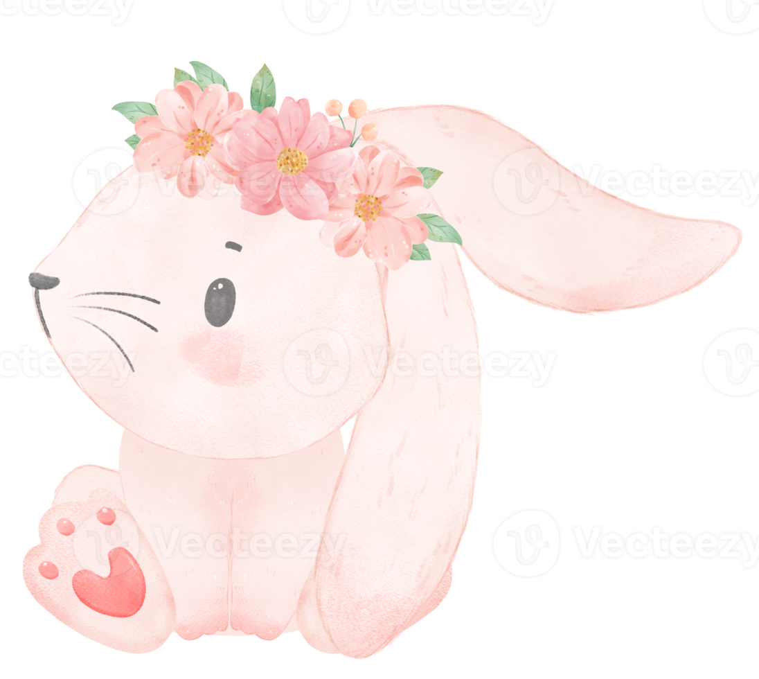 mignon bébé princesse douce lapin rose avec couronne florale aquarelle png