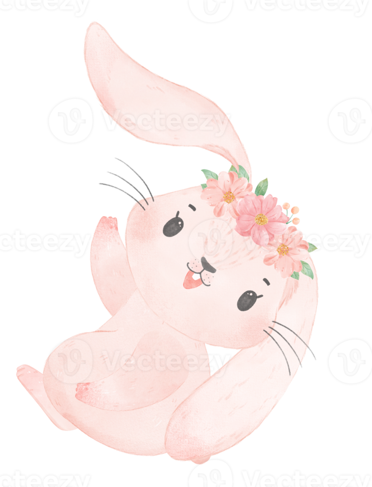 cute sweet princess baby pink bunny rabbit with floral crown watercolor png