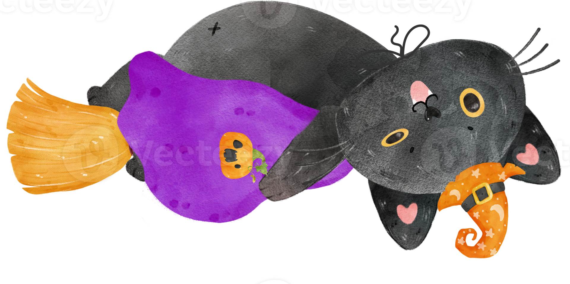 söt rolig halloween svart katt häxa på flygande kvast med fullmåne och fladdermöss vattenfärg illustration vektor png