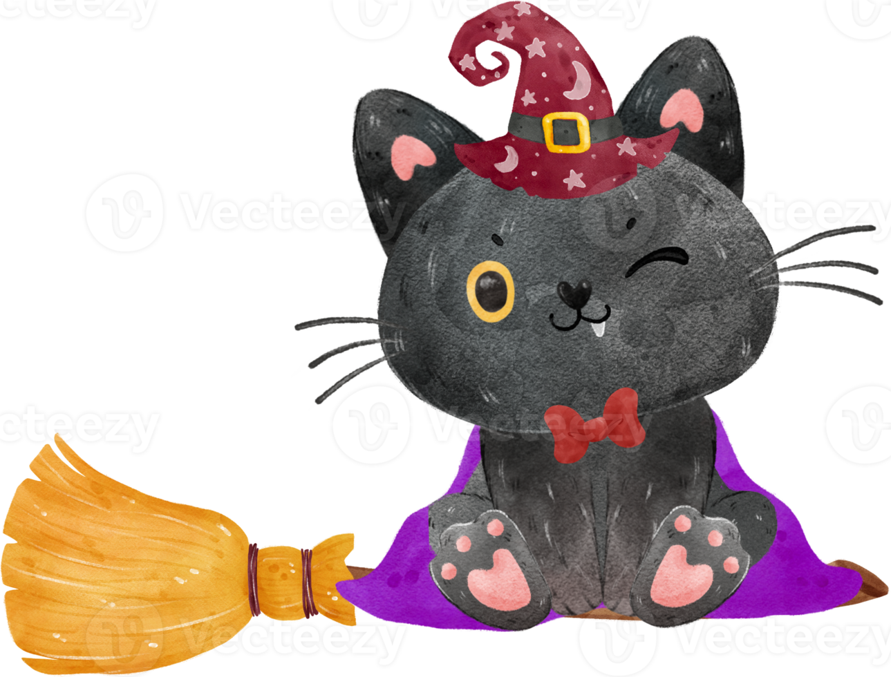cute funny Halloween black cat witch on flying broom with full moon and bats watercolor illustration vector png