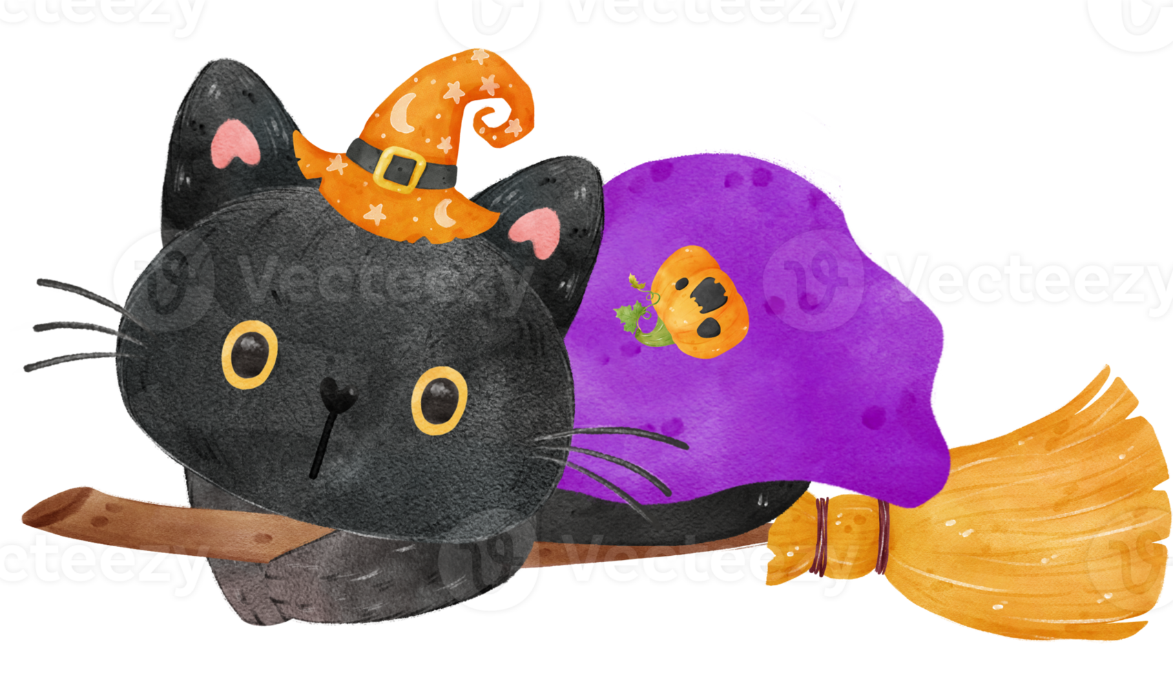 niedliche lustige halloween schwarze katzenhexe auf fliegendem besen mit vollmond und fledermäusen aquarellillustrationsvektor png