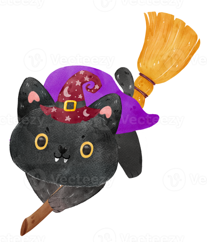 lindo gracioso halloween gato negro bruja en escoba voladora con luna llena y murciélagos ilustración acuarela vector png