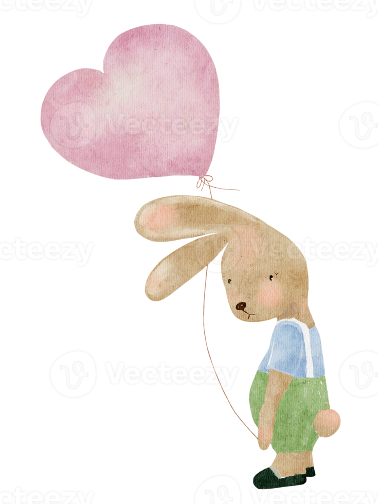 akvarell kanin som håller hjärtformad ballong, digital handmålning söt kanin som står ensam med roligt ansikte, illustration tecknad för barn födelsedag eller inbjudan gratulationskort, nyår 2023 png