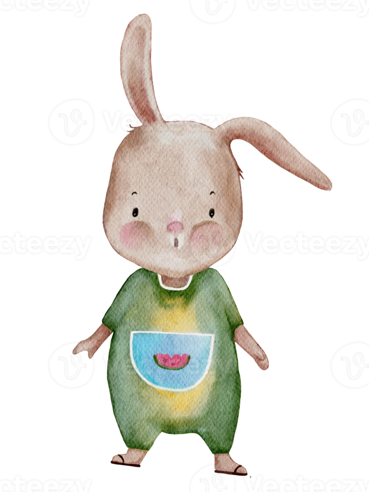 söt kanin vattenfärg handfärg, tecknad handritad kanin karaktär designelement för påsk gratulationskort, inbjudan, vår, sommar affisch, illustration isolerad på transparent bakgrund png
