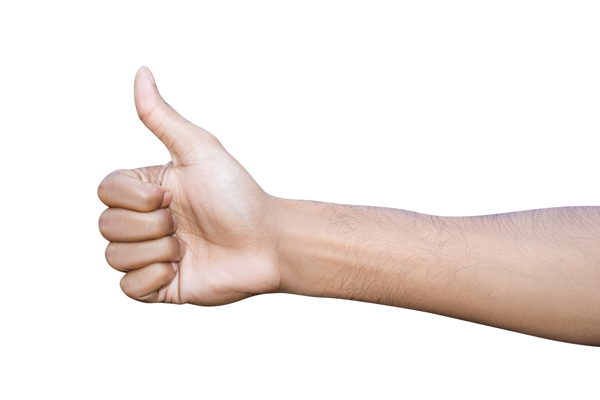 Closeup Of Male Hand Showing Thumbs Up Sign Against White Background