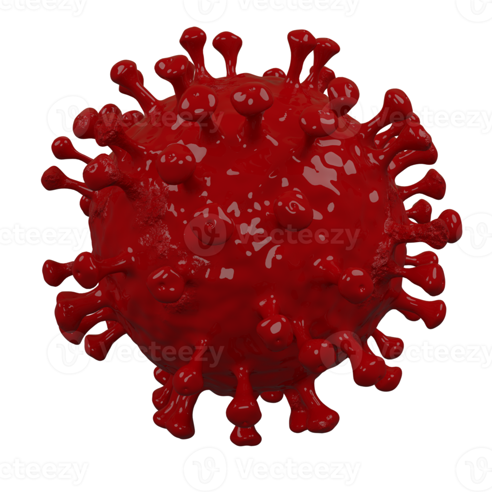 cellule di coronavirus o molecola di batteri. virus covid-19. virus isolato su bianco. primo piano dell'influenza, vista di un virus al microscopio, malattie infettive. batteri, organismo infetto da cellule. rendering 3D png