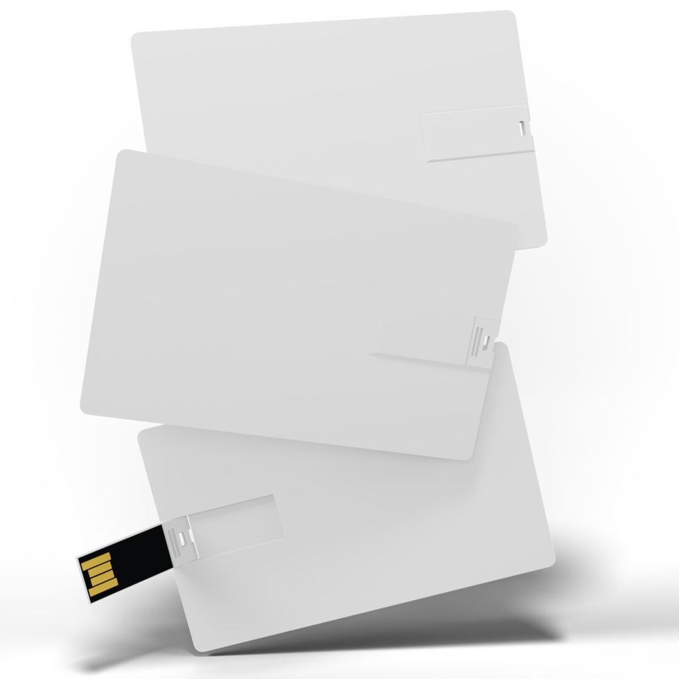 maqueta de diseño de tarjeta usb de oblea de plástico blanco en blanco, representación 3d. visitando una maqueta de tarjeta de visita de unidad flash. disco regalo presentación png