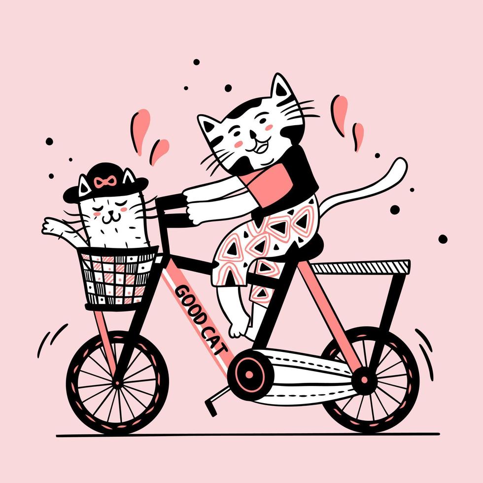 two cute cats riding bycycle vector