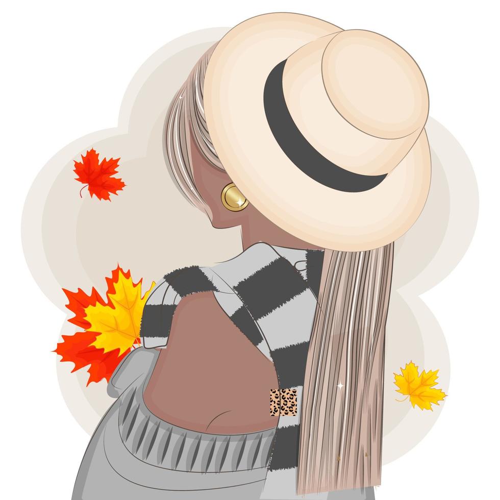 Autumn, Fashionable blonde in scarf and hat holding autumn maple leaves, trendy vector illustration textile print
