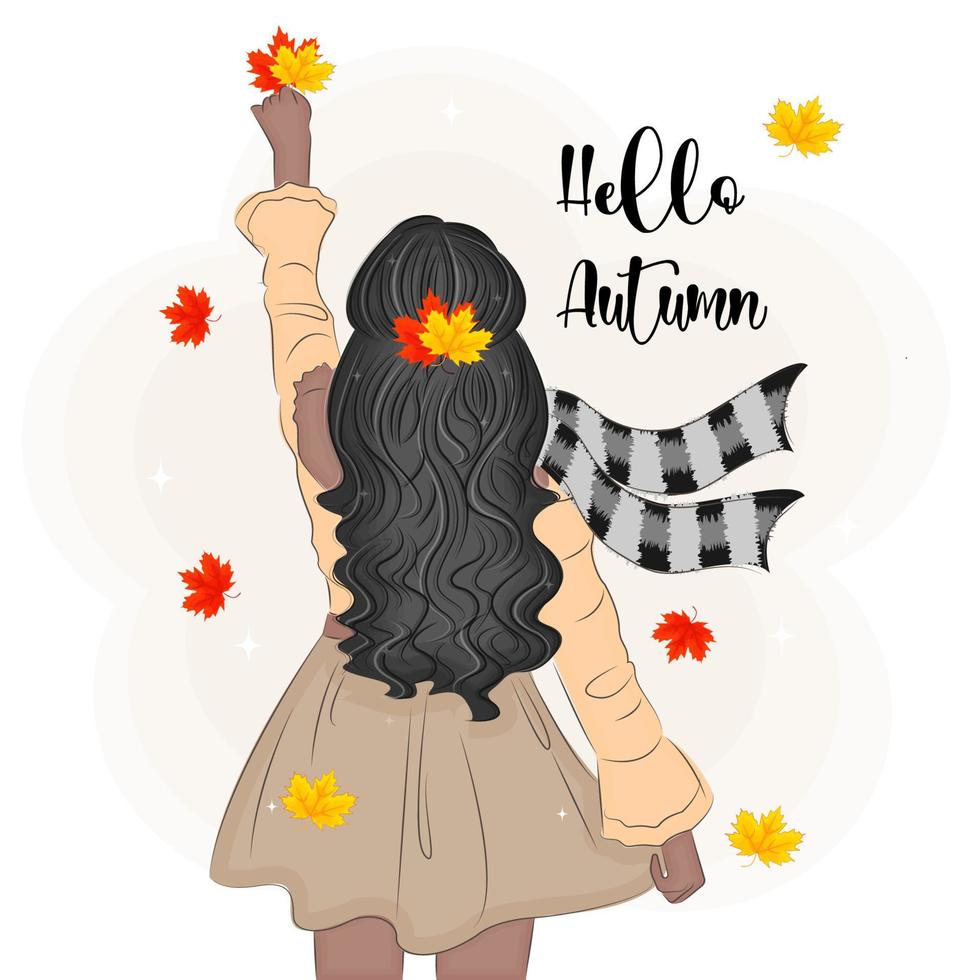 Hello Autumn brunette holding maple leaves, back view, back, fashion vector illustration