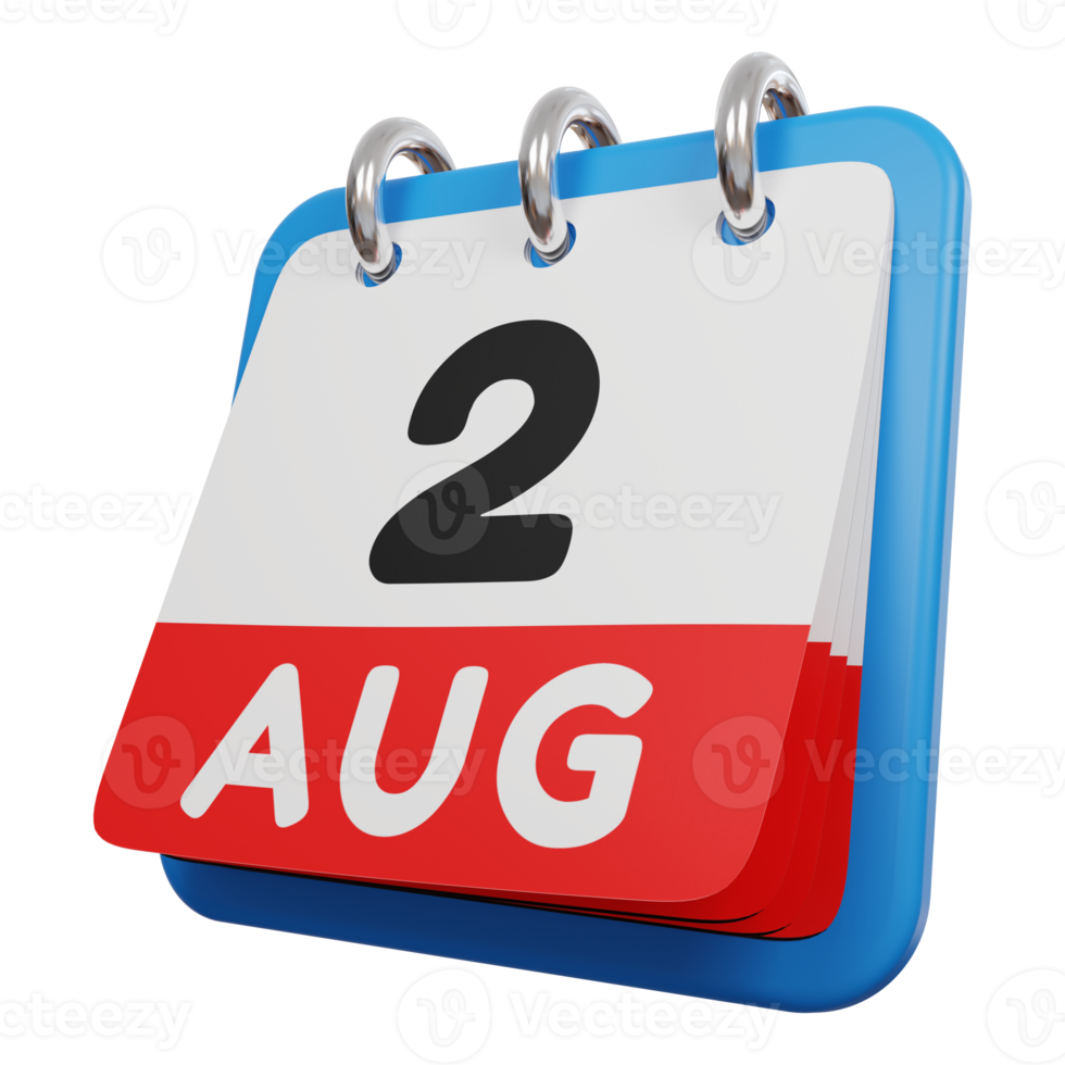 2 de agosto calendário 3d renderização vista esquerda png